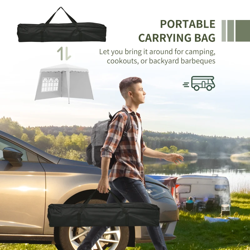 Outsunny Pavilion pliabil cu 2 laterale, Stalpi oblici si geanta de transport, cort de evenimente inaltime reglabila UV50+, cort de gradina, curte, acoperis 2,4 x 2,4 m / baza 2,9 x 2,9 m, alb