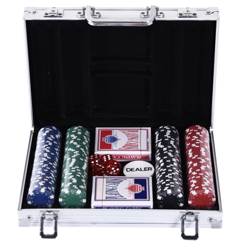 HOMCOM Pokerkoffer pokerset pokerchips 4/5 kleuren 2x kaartspel 5x dobbelstenen 1x aluminium koffer