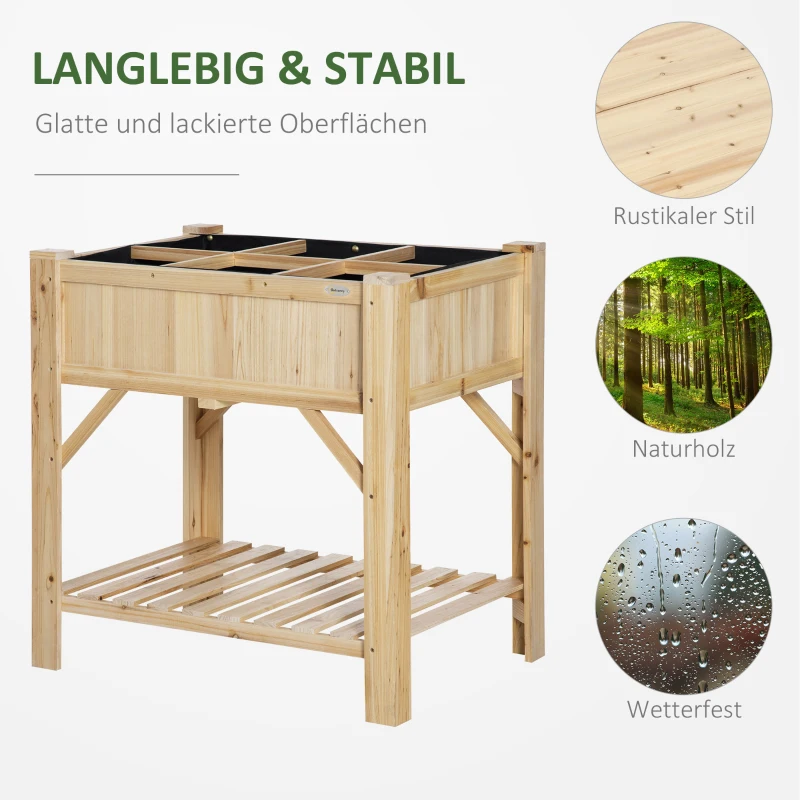 Outsunny Hochbeet Holz mit 6 getrennten Anbauflächen Pflanztisch Blumenkasten Vliesstoff Natur 78,5 x 58 x 81 cm