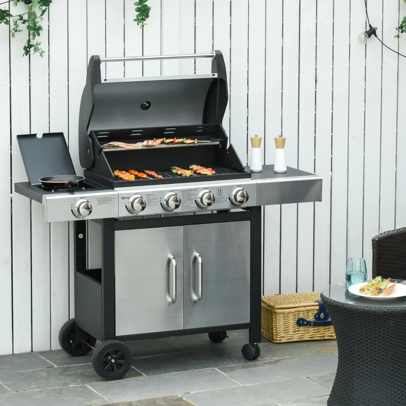 Outsunny Gas Barbecue Grill 4+1 Burner Garden Smoker BBQ Trolley w/ Side Burner Warming Rack Side Shelves Storage Cabinet Piezo Ignition Thermometer Stainless Steel + Metal(m-2)