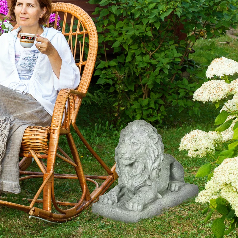 Outsunny Rzeźba Lwa, Figurka do Ogrodu, Odporna na Warunki Pogodowe, Szara