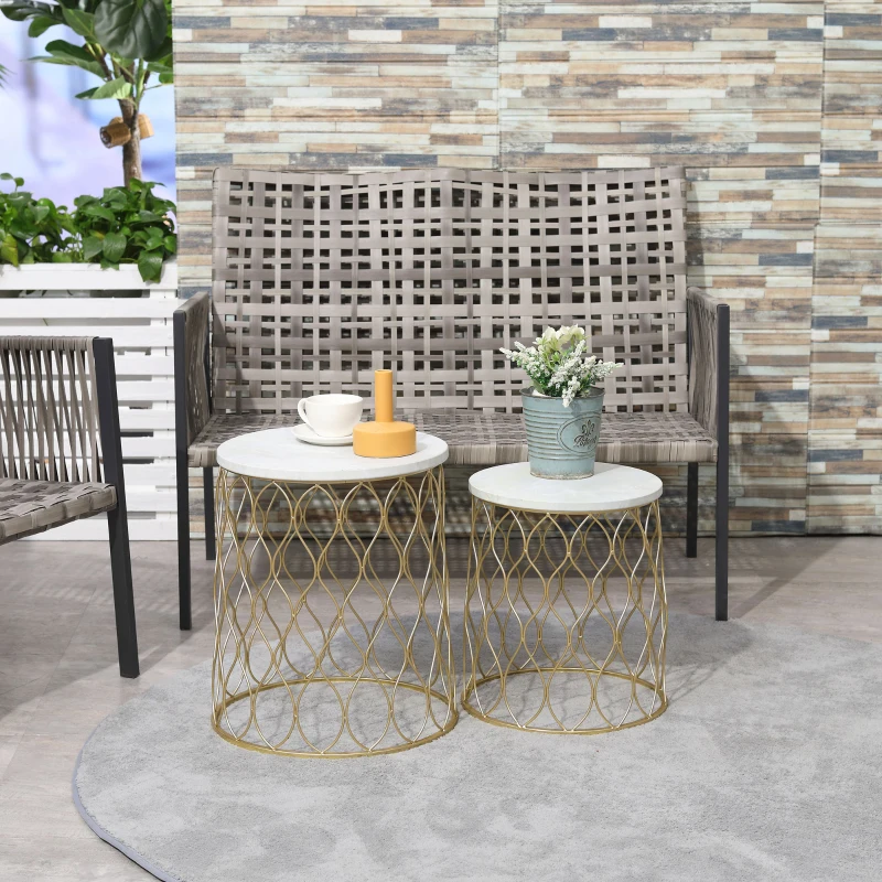 Outsunny Set van 2 Tuintafel Bijzettafels Salontafels Retro Draadmand Metalen Mand Tuin Nesttafel Tuinmeubelen Buiten Balkon Staal Goud + Wit Ø41 x 46 cm