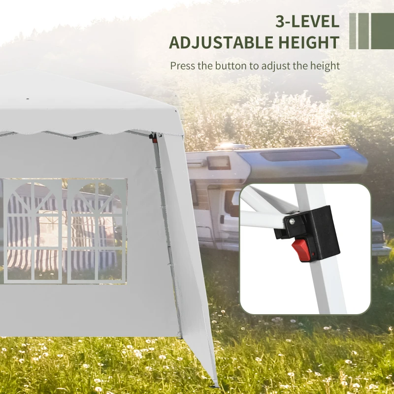 Outsunny Pavilion pliabil cu 2 laterale, Stalpi oblici si geanta de transport, cort de evenimente inaltime reglabila UV50+, cort de gradina, curte, acoperis 2,4 x 2,4 m / baza 2,9 x 2,9 m, alb