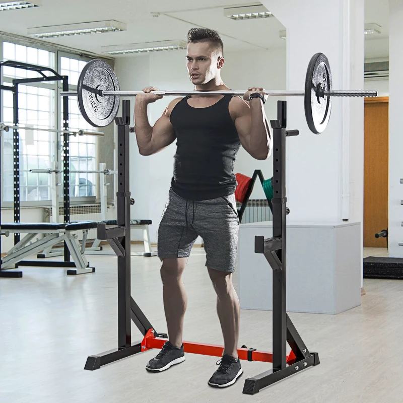 HOMCOM Suporte Ajustável para Barras de Peso Suporte Multifuncional para Exercício em Casa Escritório Carga 150kg Altura Ajustável 103-163cm Preto e Vermelho
