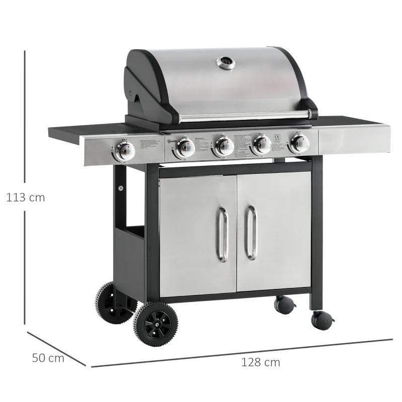 Outsunny Gas Barbecue Grill 4+1 Burner Garden Smoker BBQ Trolley w/ Side Burner Warming Rack Side Shelves Storage Cabinet Piezo Ignition Thermometer Stainless Steel + Metal(m-3)