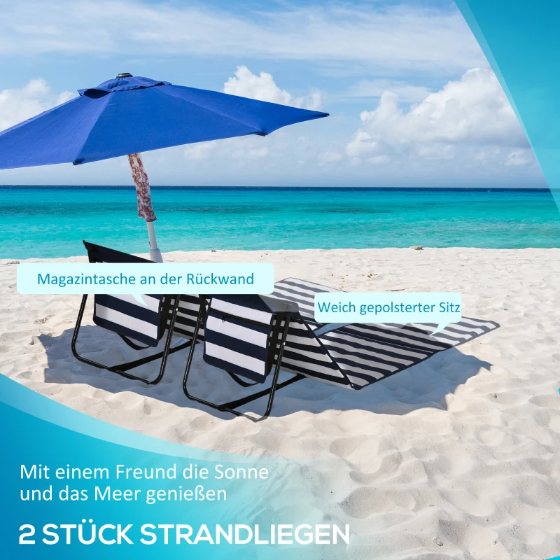 Outsunny strandligstoel, opvouwbaar, verstelbare rugleuning, zijvak, zachte bekleding, stalen frame, blauw+wit, 142x51x40cm
