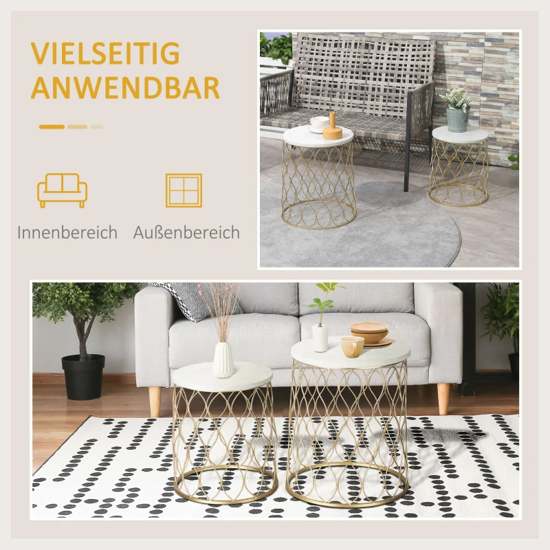 Outsunny Set van 2 Tuintafel Bijzettafels Salontafels Retro Draadmand Metalen Mand Tuin Nesttafel Tuinmeubelen Buiten Balkon Staal Goud + Wit Ø41 x 46 cm