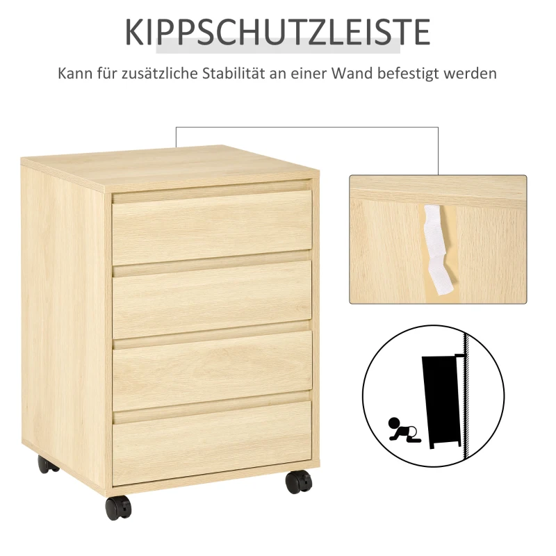 HOMCOM Rollcontainer Aktenschrank Büroschrank mit 4 Schubladen Lagerschrank Aufbewahrung Container MDF Natur 46 x 40 x 65 cm