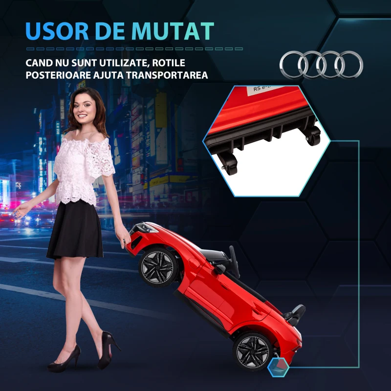 HOMCOM Masina electrica pentru copiii  37-60 luni Licenta Audi cu claxon si butoane muzicale, centuri de siguranta si faruri, PP si metal, 103x58x41 cm, rosu si negru