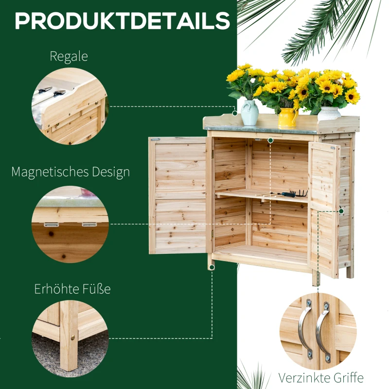 Outsunny tuinkast houten apparatuur kast kast met 2 planken nature