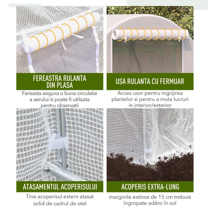 Outsunny Sera tunel cu Schelet in Otel Galvanizat si Prelata in Polietilen 6 Ferestre Infasurate Alb 4 x 2 x 2 m(m-6)
