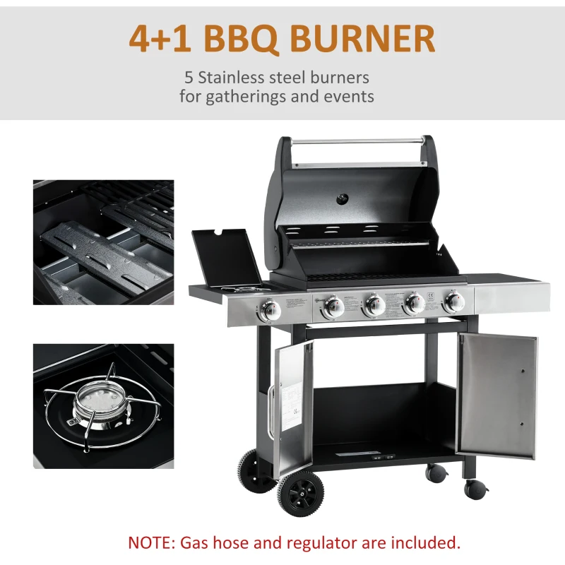Outsunny Gas Barbecue Grill 4+1 Burner Garden Smoker BBQ Trolley w/ Side Burner Warming Rack Side Shelves Storage Cabinet Piezo Ignition Thermometer Stainless Steel + Metal(m-5)
