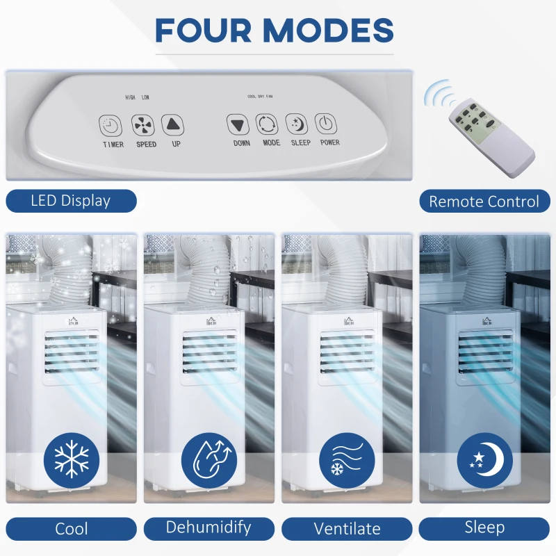 HOMCOM 5000 BTU Portable Air Conditioner, 4-in-1 Air Conditioning Unit, Dehumidifier, Cooling Fan with Remote Control, 2 Speeds, 24H Timer, Window Venting Kit, 12m², R290, A Energy Efficiency