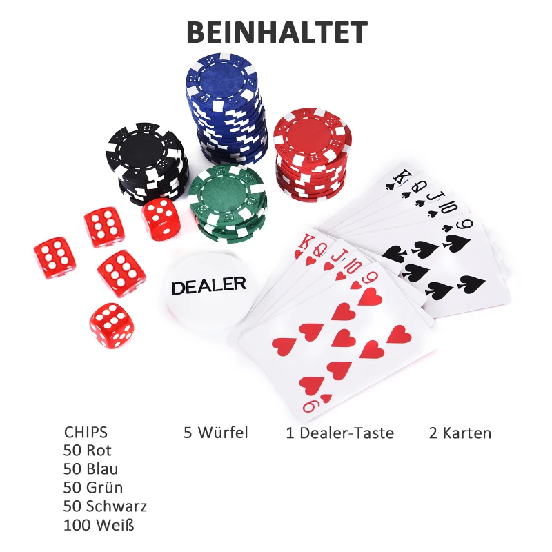 HOMCOM Pokerkoffer pokerset pokerchips 4/5 kleuren 2x kaartspel 5x dobbelstenen 1x aluminium koffer