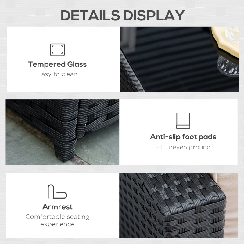 Outsunny Set 7 Piese Living pentru Exterior din PE Rattan cu Canapea Puf Masuta Negru si Kaki