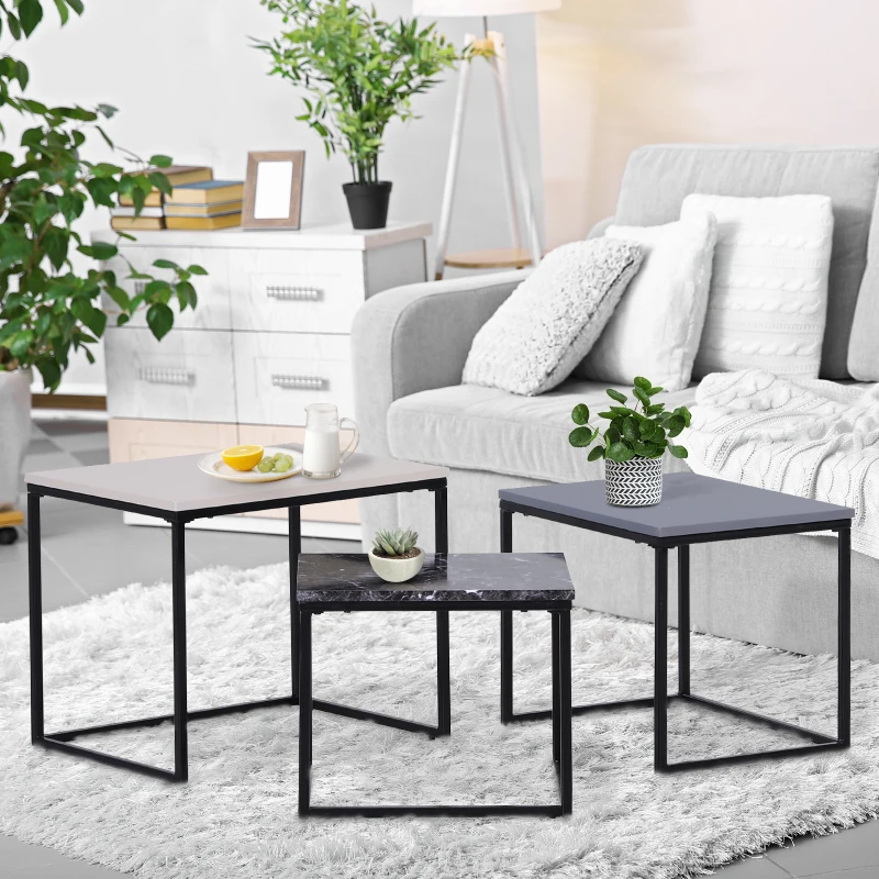HOMCOM® 3-delige set salontafel nesttafel bijzettafel koffietafel metalen poot MDF 3 kleuren 55 x 40 x 45 cm/48 x 37 x 40 cm/41 x 34 x 35 cm | Aosom.de