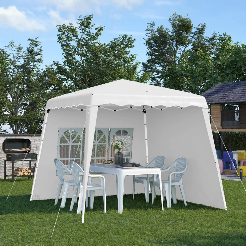 Outsunny Pavilion pliabil cu 2 laterale, Stalpi oblici si geanta de transport, cort de evenimente inaltime reglabila UV50+, cort de gradina, curte, acoperis 2,4 x 2,4 m / baza 2,9 x 2,9 m, alb