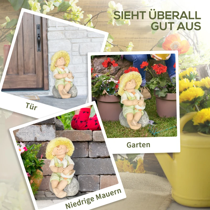 Outsunny Gartenfigur "Kleiner Junge mit Strohhut", Gartendekoration, wetterbeständig, 23,5 cm x 25 cm x 43 cm