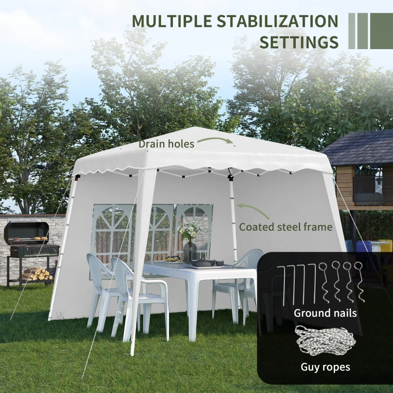 Outsunny Pavilion pliabil cu 2 laterale, Stalpi oblici si geanta de transport, cort de evenimente inaltime reglabila UV50+, cort de gradina, curte, acoperis 2,4 x 2,4 m / baza 2,9 x 2,9 m, alb