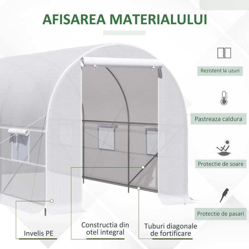 Outsunny Sera tunel cu Schelet in Otel Galvanizat si Prelata in Polietilen 6 Ferestre Infasurate Alb 4 x 2 x 2 m(m-5)