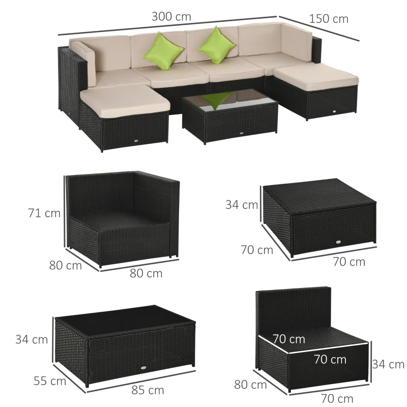 Outsunny Set 7 Piese Living pentru Exterior din PE Rattan cu Canapea Puf Masuta Negru si Kaki