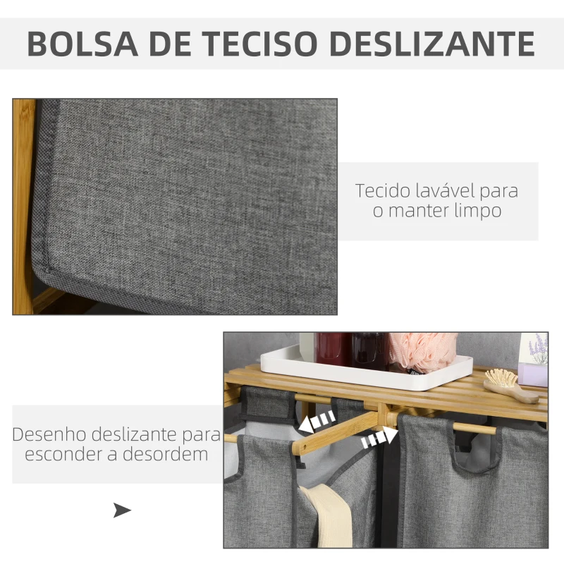 HOMCOM Cesto de Roupa de Bambu para Lavandaria com 2 Bolsas Amovíveis e Prateleira 63,5x33x73 cm Madeira e Cinza