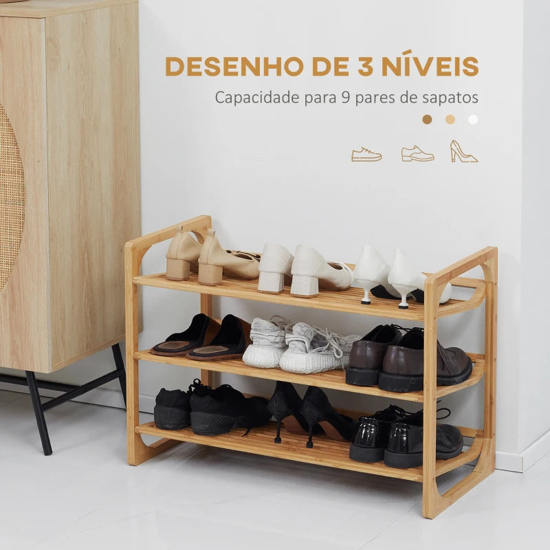 HOMCOM Sapateira de Bambu de 3 Níveis para 9 Pares de Sapatos para Entrada Corredor Casa de Banho 76x33x51 cm Madeira