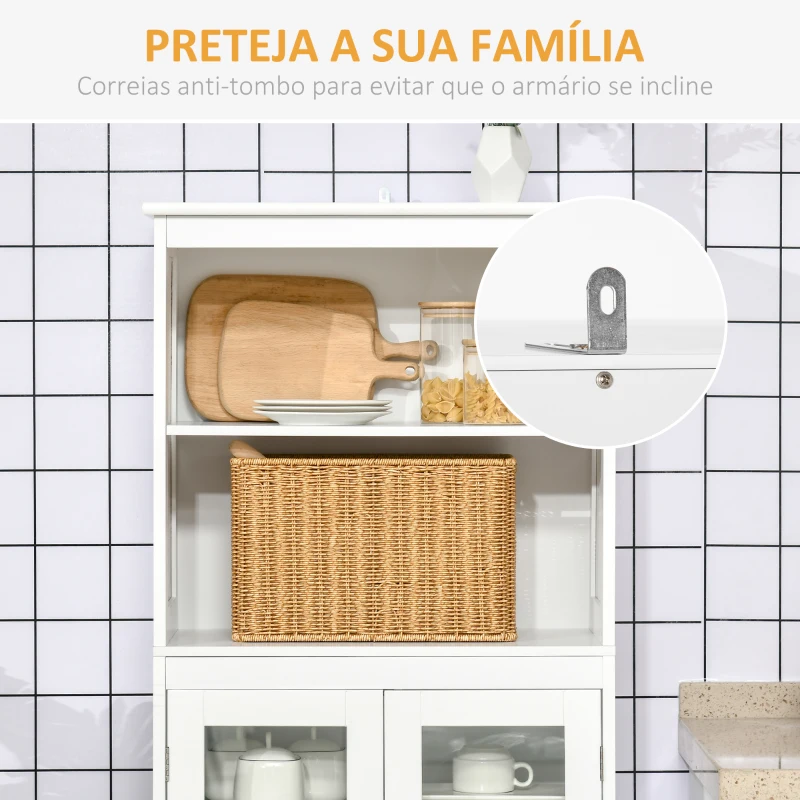 HOMCOM Armário de Cozinha com 2 Portas de Vidro Temperado 2 Prateleiras Abertas e Armário com Prateleira Ajustável 60x30x162 cm Branco
