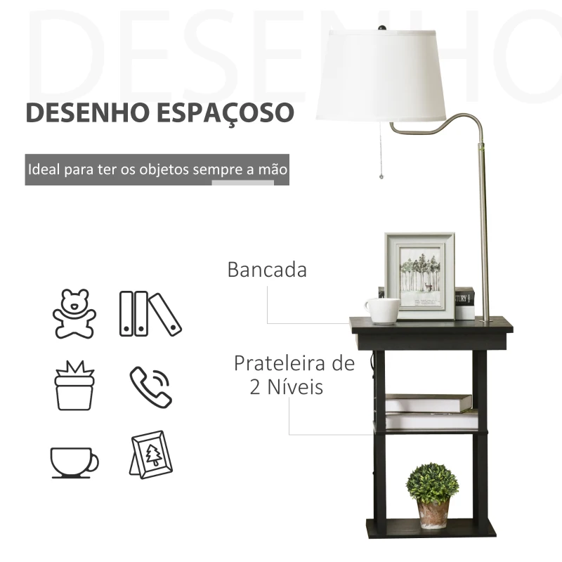 HOMCOM Candeeiro de Pé com Mesa Auxiliar 2 Entradas USB Suporte para Lâmpada E27 Máx. 40W 44,5x44,5x144,5 cm Branco e Negro