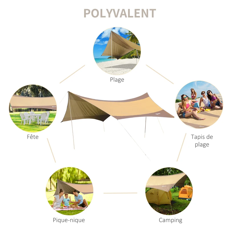 Outsunny Bâche Anti-Pluie Voile d'ombrage Toile de Camping 5,5L x 5,6l m Polyester Haute densité 210T imperméable Café doré