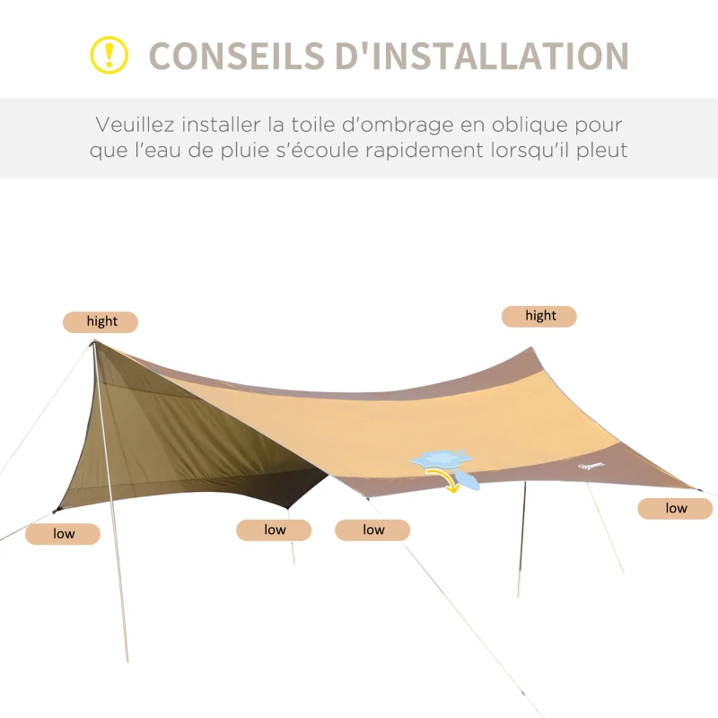Outsunny Bâche Anti-Pluie Voile d'ombrage Toile de Camping 5,5L x 5,6l m Polyester Haute densité 210T imperméable Café doré