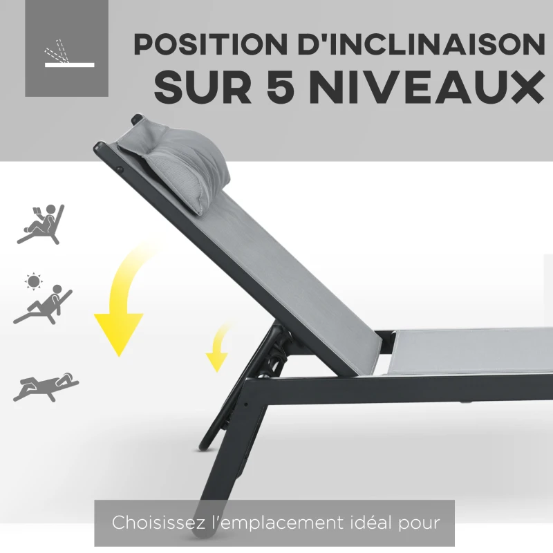 Outsunny Bain de soleil transat en aluminium et textilène avec roulettes et repose-tête dossier inclinable gris clair