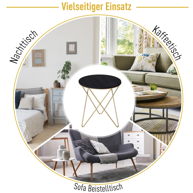 HOMCOM Kaffeetisch, Beistelltisch, Nachttisch, Couchtisch, Metall MDF der Klasse E1, Schwarz, Ø43 x 48 cm