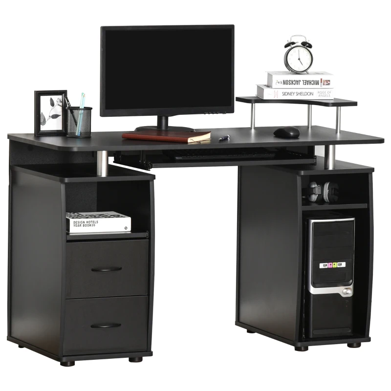 HOMCOM Computertisch Schreibtisch Bürotisch PC Tisch Arbeitstisch Home Office reichlich Stauraum 2 Schubladen Druckregal Schwarz 120 x 55 x 85 cm
