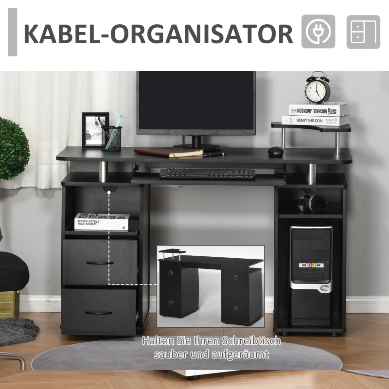 HOMCOM Computertisch Schreibtisch Bürotisch PC Tisch Arbeitstisch Home Office reichlich Stauraum 2 Schubladen Druckregal Schwarz 120 x 55 x 85 cm