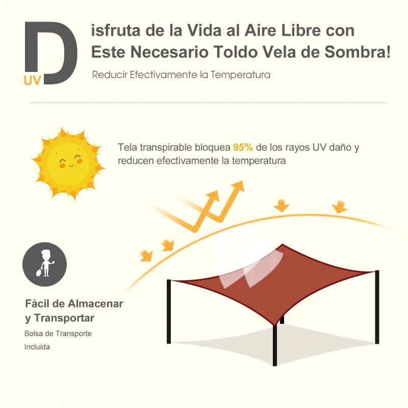 Outsunny Toldo Vela Quadrado 3x3 m de Poliéster com Proteção UV Aneis em Forma de D e Cordas para Jardim Pátio Piscina Vermelho Ferrugem
