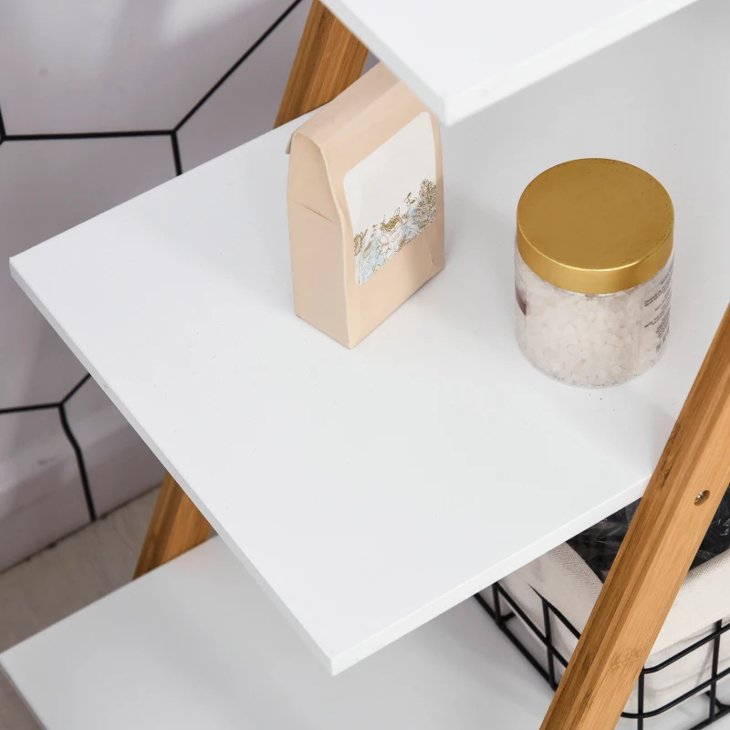 kleankin Elegancki Regał Łazienkowy 4-poziomowy z Bambusa Naturalnego i Białej Płyty MDF, Wodoodporny