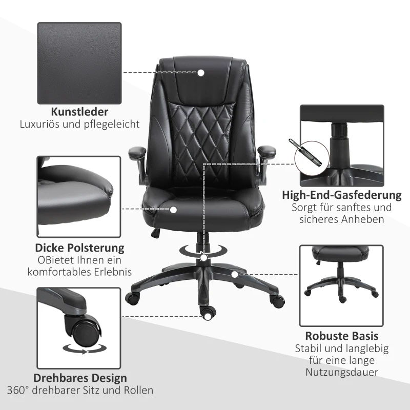 Vinsetto Bürostuhl Ergonomischer Drehstuhl Computerstuhl mit Wippfunktion höhenverstellbar mit Kopfstütze und gepolsterte Armlehnen Kunstleder Schwarz 69,5 x 76 x 113–121 cm