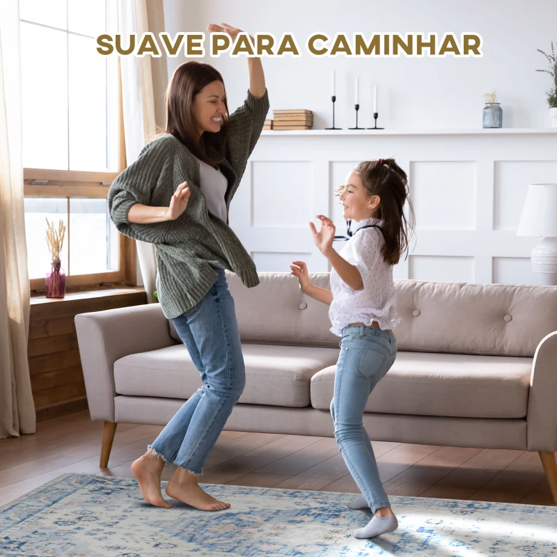 HOMCOM Tapete de Sala de Estar Vintage 150x80 cm Tapete Retangular de Lã Sintética Antiderrapante para Dormitório Escritório Azul