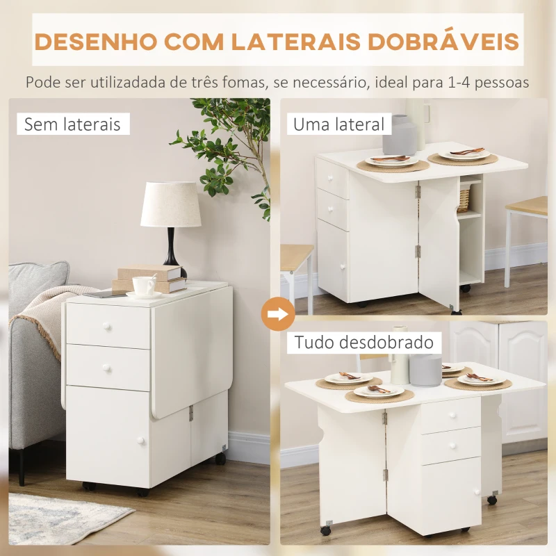 HOMCOM Mesa de Cozinha Dobrável com Laterais Dobráveis 6 Rodas e 2 Gavetas de Armazenamento 120x80x75 cm Branco