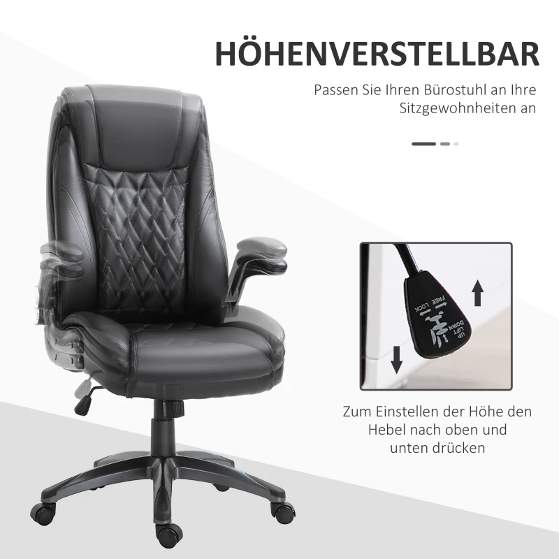 Vinsetto Bürostuhl Ergonomischer Drehstuhl Computerstuhl mit Wippfunktion höhenverstellbar mit Kopfstütze und gepolsterte Armlehnen Kunstleder Schwarz 69,5 x 76 x 113–121 cm