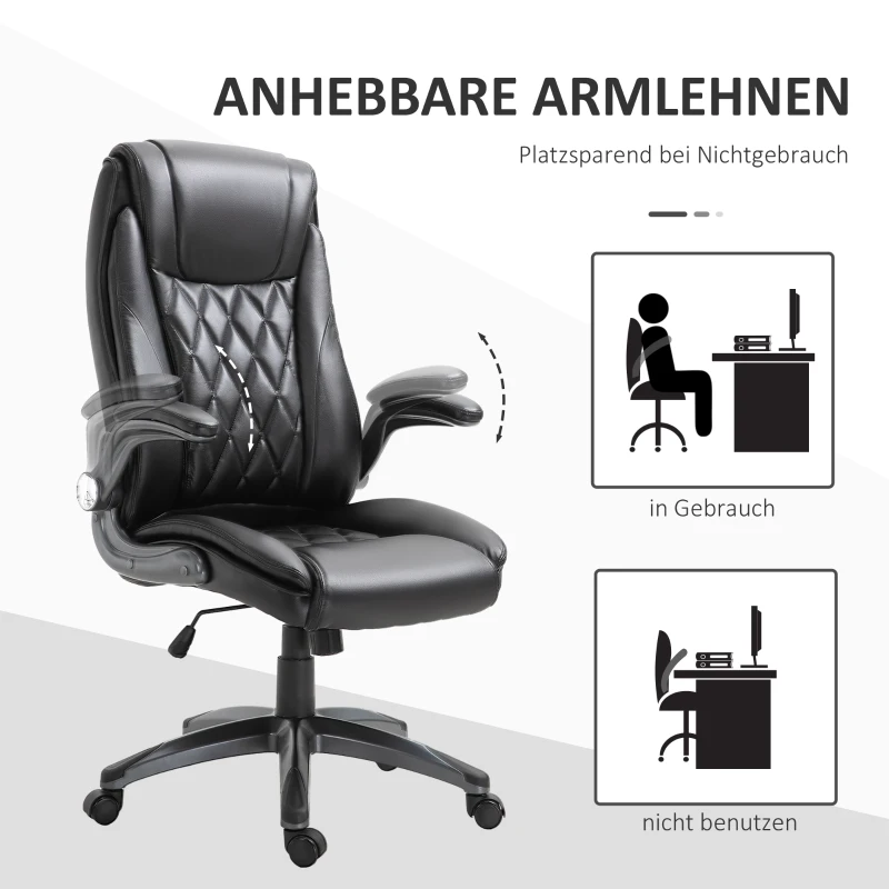 Vinsetto Bürostuhl Ergonomischer Drehstuhl Computerstuhl mit Wippfunktion höhenverstellbar mit Kopfstütze und gepolsterte Armlehnen Kunstleder Schwarz 69,5 x 76 x 113–121 cm