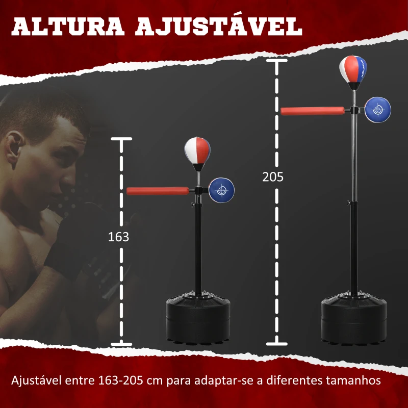 SPORTNOW Punching Ball com Altura Ajustável Altura Ajustável Barra de Reflexo e Insuflador 80,5x48x163-205 cm Preto e Vermelho