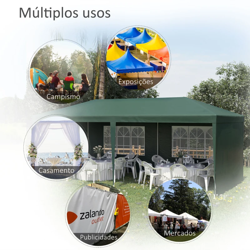 Outsunny Tenda para Festas com 4 Paredes Laterais 2 Janelas e Estrutura de Aço 585x295x255 cm Verde