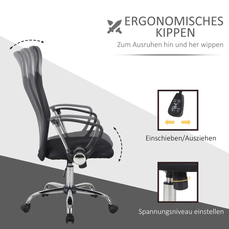 HOMCOM Ergonomische kantoorstoel gamestoel draaistoel gaming stoel schuimstof netstof zwart(m-6)
