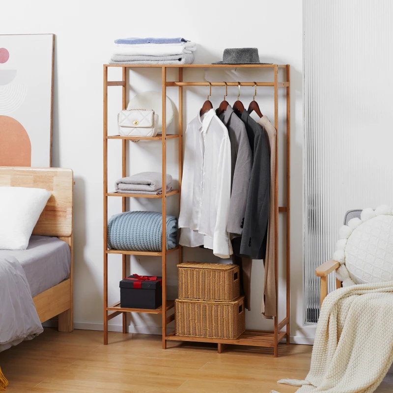 HOMCOM Suporte para Cabides de Bambu com Prateleira de Armazenamento de 6 Níveis e Vara Supensa 90x30x145 cm Madeira