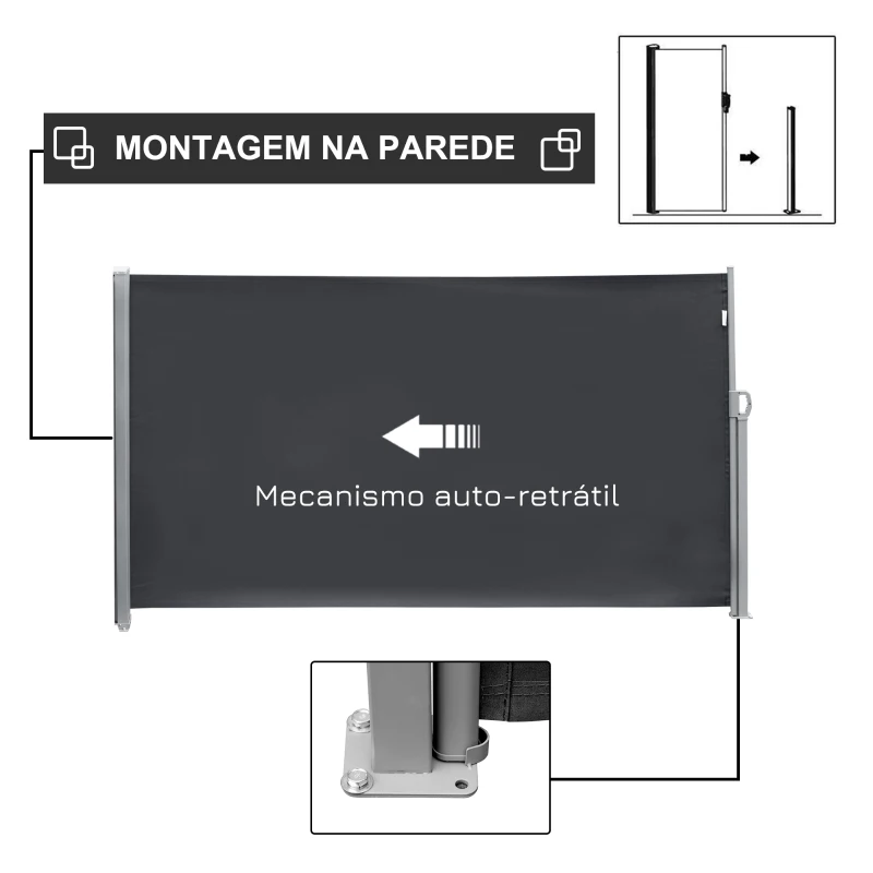 Outsunny Toldo Lateral Retrátil para Terraço Pátio ou Jardim Toldo de Privacidade para Exterior Dobrável 300x180cm Cinza