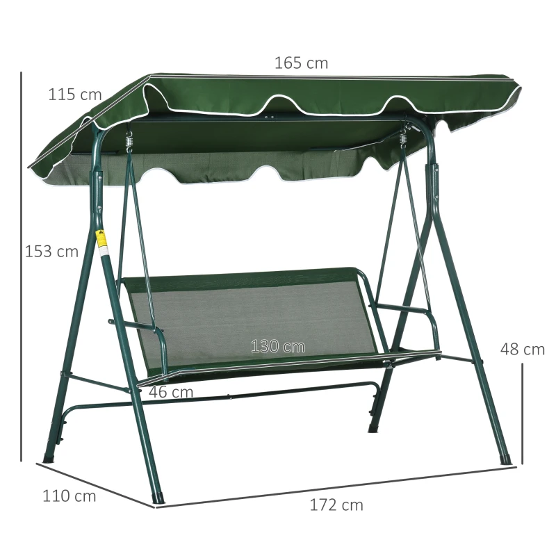 Outsunny Baloiço de Jardim de 3 Lugares com Almofada Toldo Ajustável e Estrutura de Metal 172x110x153cm Verde e Branco