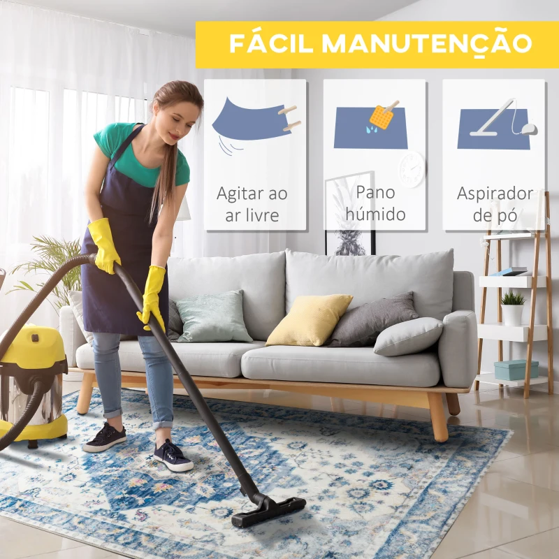 HOMCOM Tapete de Sala de Estar Vintage 150x80 cm Tapete Retangular de Lã Sintética Antiderrapante para Dormitório Escritório Azul