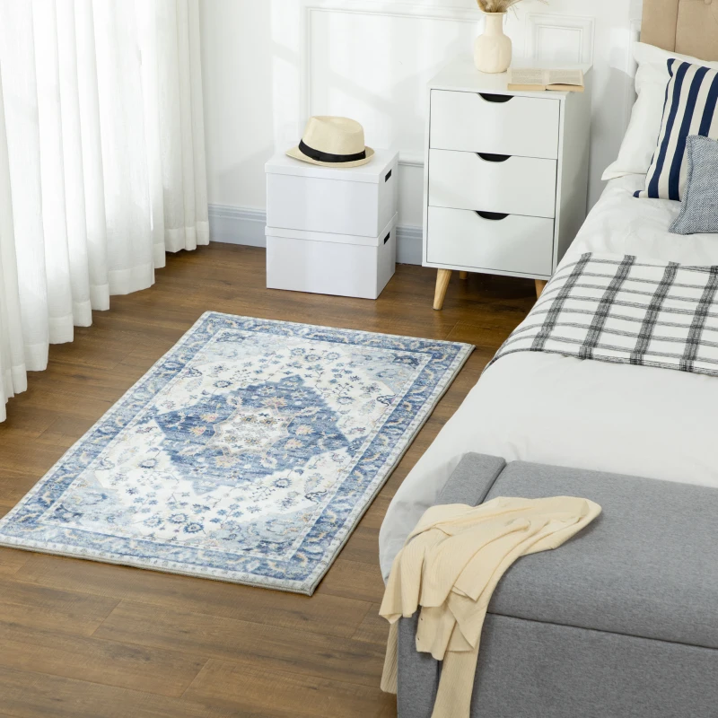 HOMCOM Tapete de Sala de Estar Vintage 150x80 cm Tapete Retangular de Lã Sintética Antiderrapante para Dormitório Escritório Azul